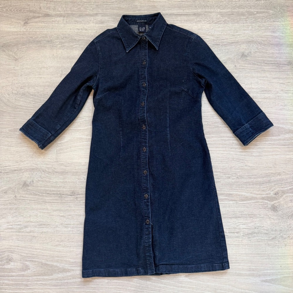 Vintage Gap Womens Dark Wash Denim Stretch Button Down Shirt Dress Blue Size 8